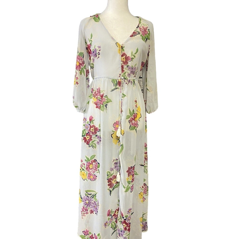 Zara Trafaluc Maxi Dress Womens XS Multicolor Floral Chiffon V Neck Tassel Tie